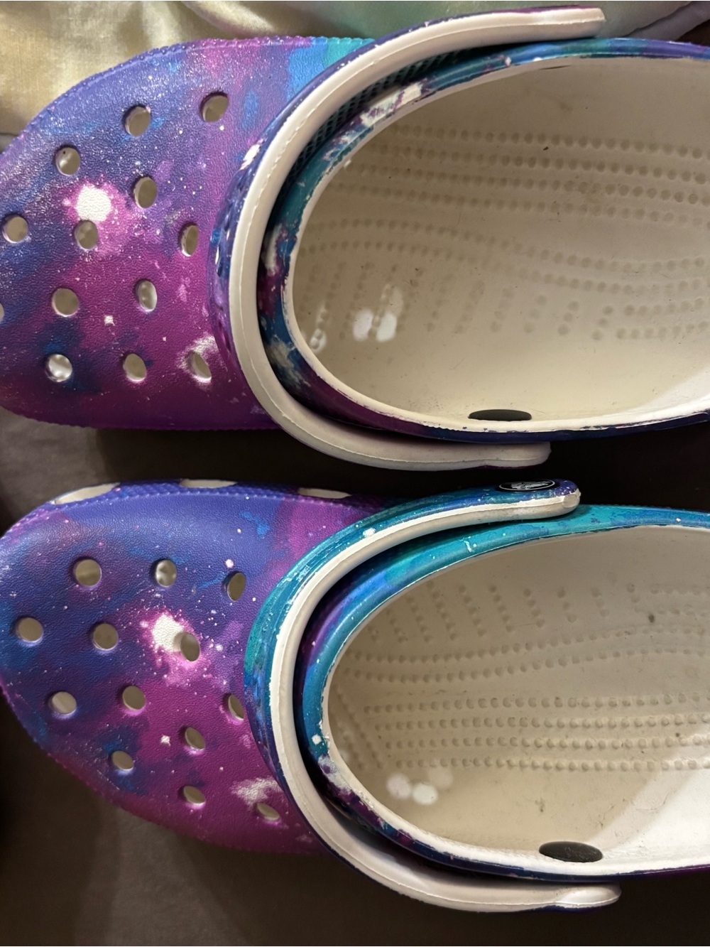 CROCS Galaxy Print Sandals in Purple and Teal